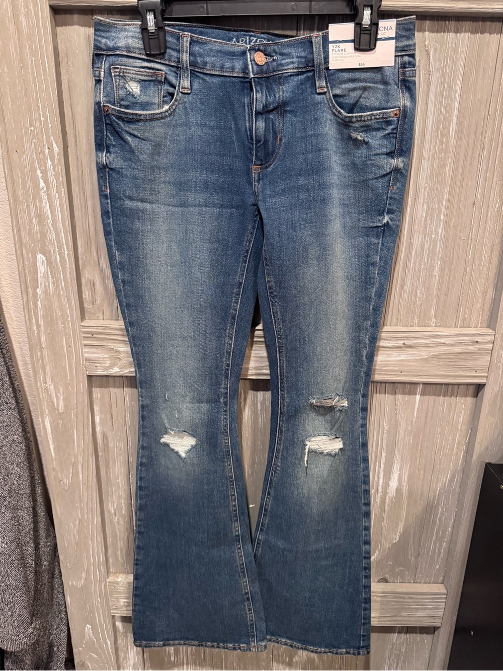 Arizona Jean Company Distressed Flare Jeans in Medium Blue Wash